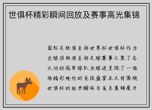 世俱杯精彩瞬间回放及赛事高光集锦